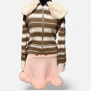 Brown and pink striped sweater with pink faux fur collar
New with tags!